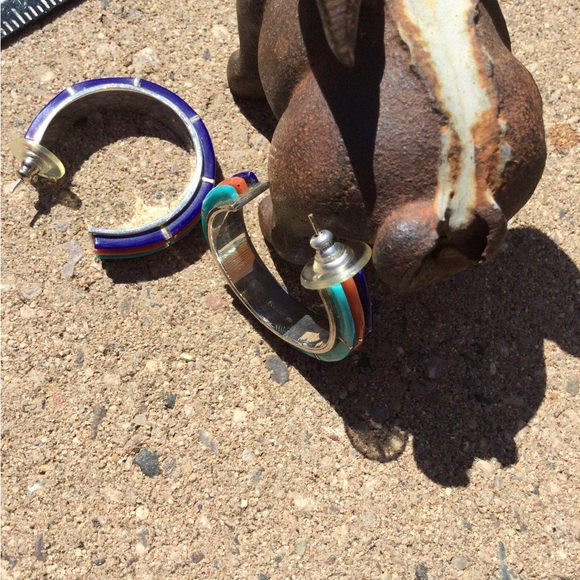 Vintage Native American - Turquoise, Coral & Lapis - Hoop Earrings - Picture 10 of 16